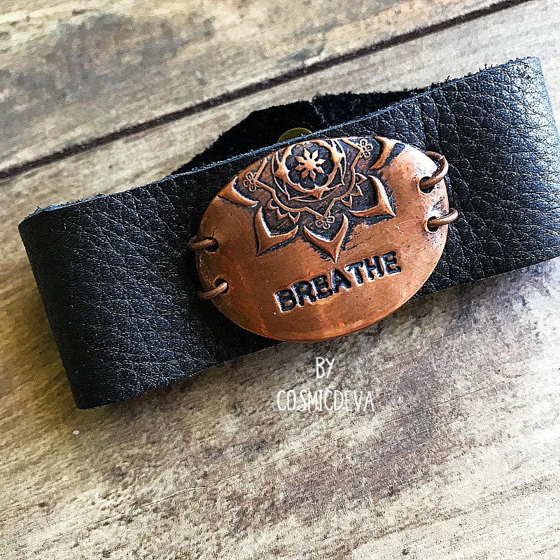 Handcrafted inspirational Yoga black deer leather bracelet with solid copper mandala tag with the word “breathe”. Motivational messages and words inspire positive energy in your life.  I put my heart and soul into every piece I create, which results in high quality workmanship and all my jewelry items are carefully handcrafted.