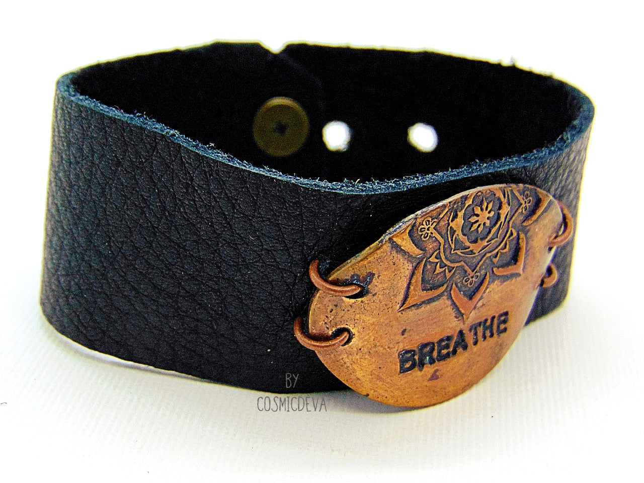 Handcrafted inspirational Yoga black deer leather bracelet with solid copper mandala tag with the word “breathe”. Motivational messages and words inspire positive energy in your life.  I put my heart and soul into every piece I create, which results in high quality workmanship and all my jewelry items are carefully handcrafted.