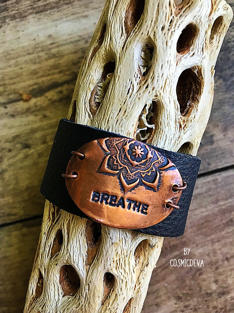 Handcrafted inspirational Yoga black deer leather bracelet with solid copper mandala tag with the word “breathe”. Motivational messages and words inspire positive energy in your life.  I put my heart and soul into every piece I create, which results in high quality workmanship and all my jewelry items are carefully handcrafted.