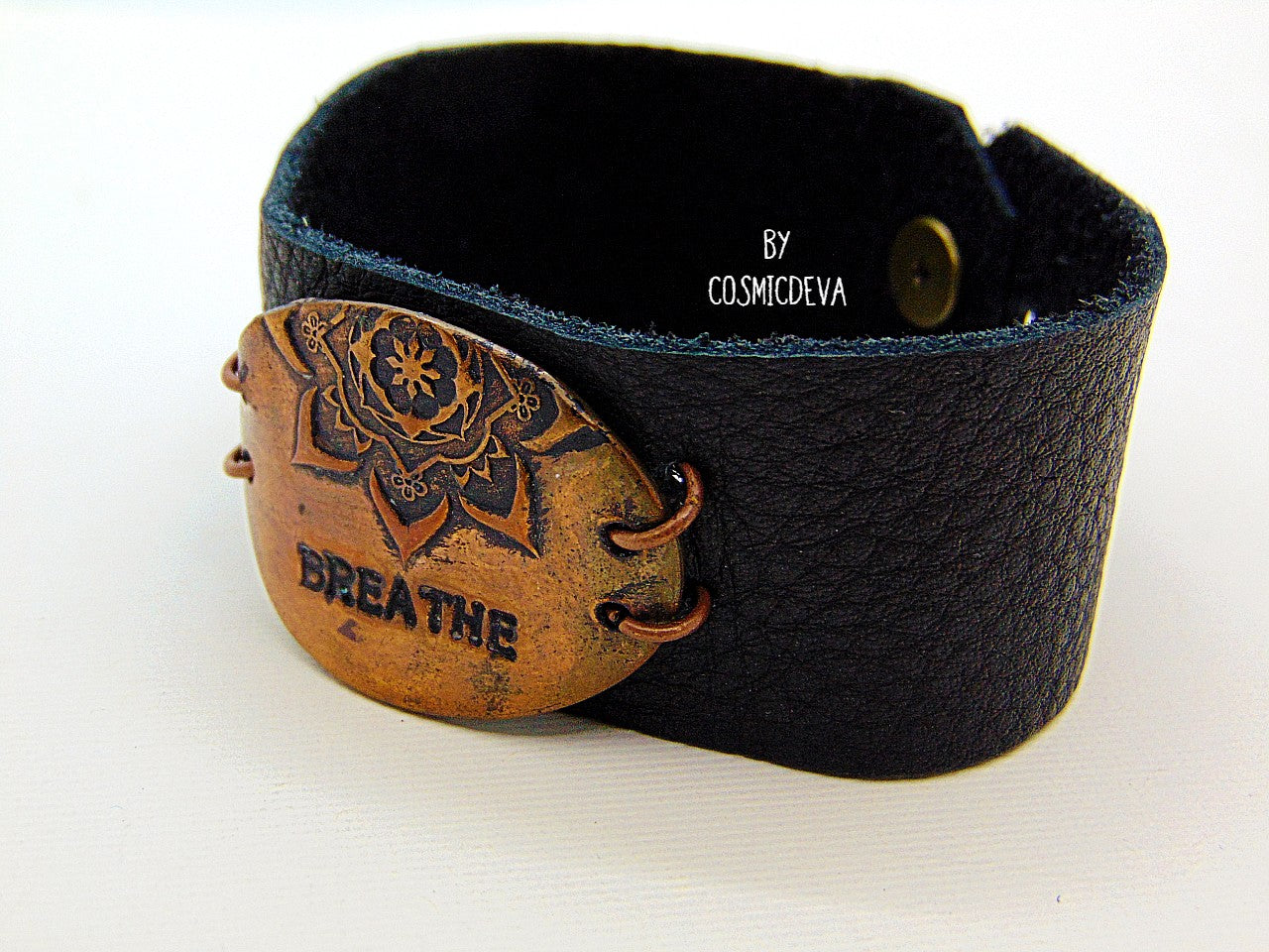 Handcrafted inspirational Yoga black deer leather bracelet with solid copper mandala tag with the word “breathe”. Motivational messages and words inspire positive energy in your life.  I put my heart and soul into every piece I create, which results in high quality workmanship and all my jewelry items are carefully handcrafted.