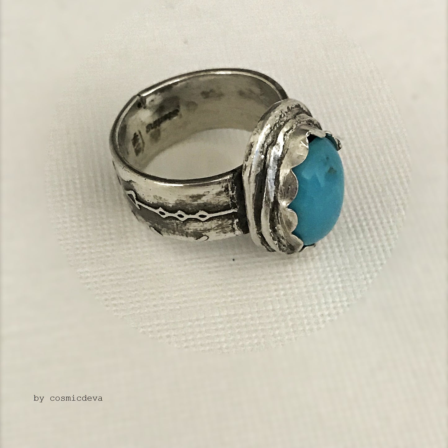 Sleeping Beauty Turquoise Sterling Silver US Size 7 Ring, This handcrafted sterling silver ring with south western style arrows texture featuring pretty sleeping beauty turquoise in a bezel setting. This Ring is made of pure .950 sterling silver and hallmarked as it.  - CosmicDeva