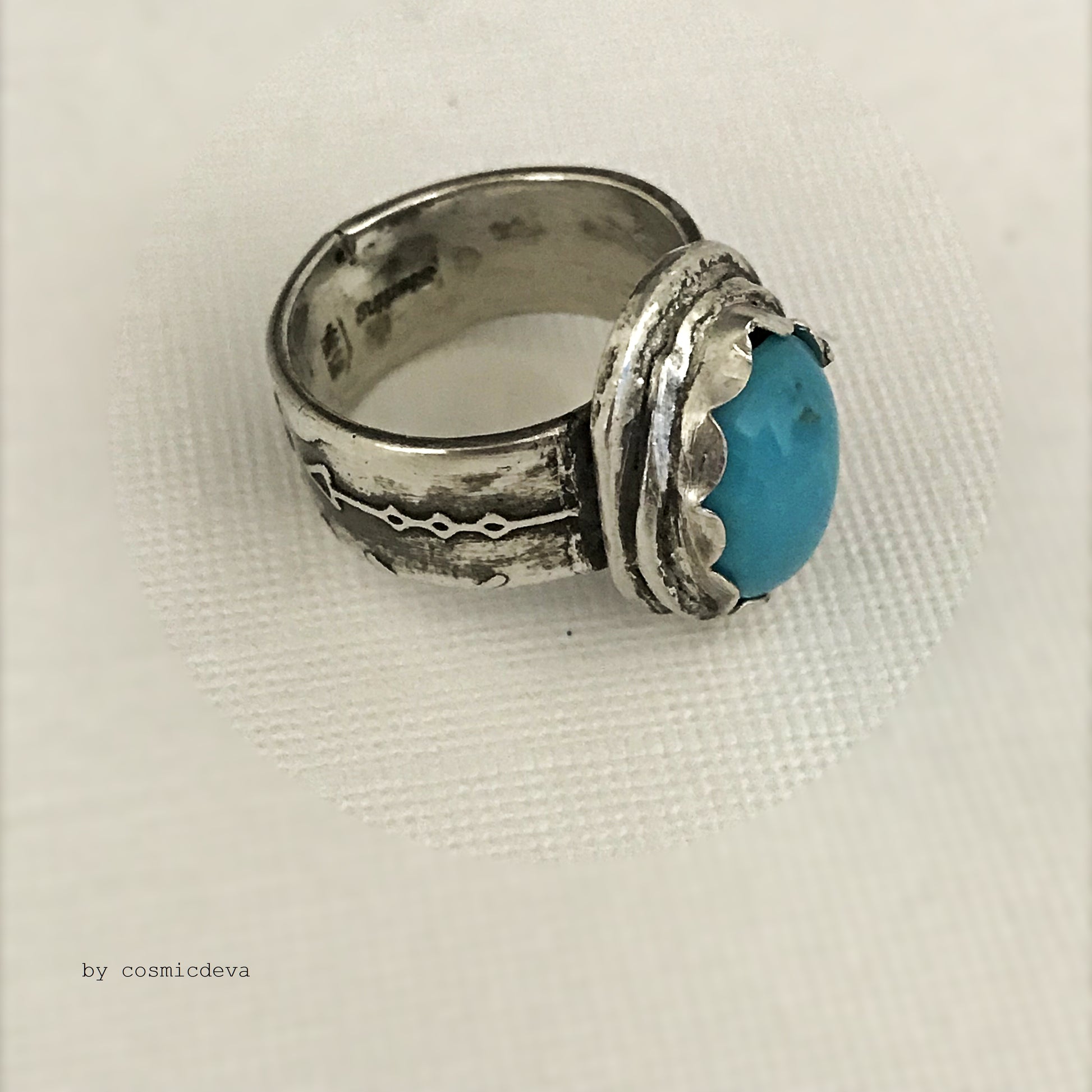 Sleeping Beauty Turquoise Sterling Silver US Size 7 Ring, This handcrafted sterling silver ring with south western style arrows texture featuring pretty sleeping beauty turquoise in a bezel setting. This Ring is made of pure .950 sterling silver and hallmarked as it.  - CosmicDeva