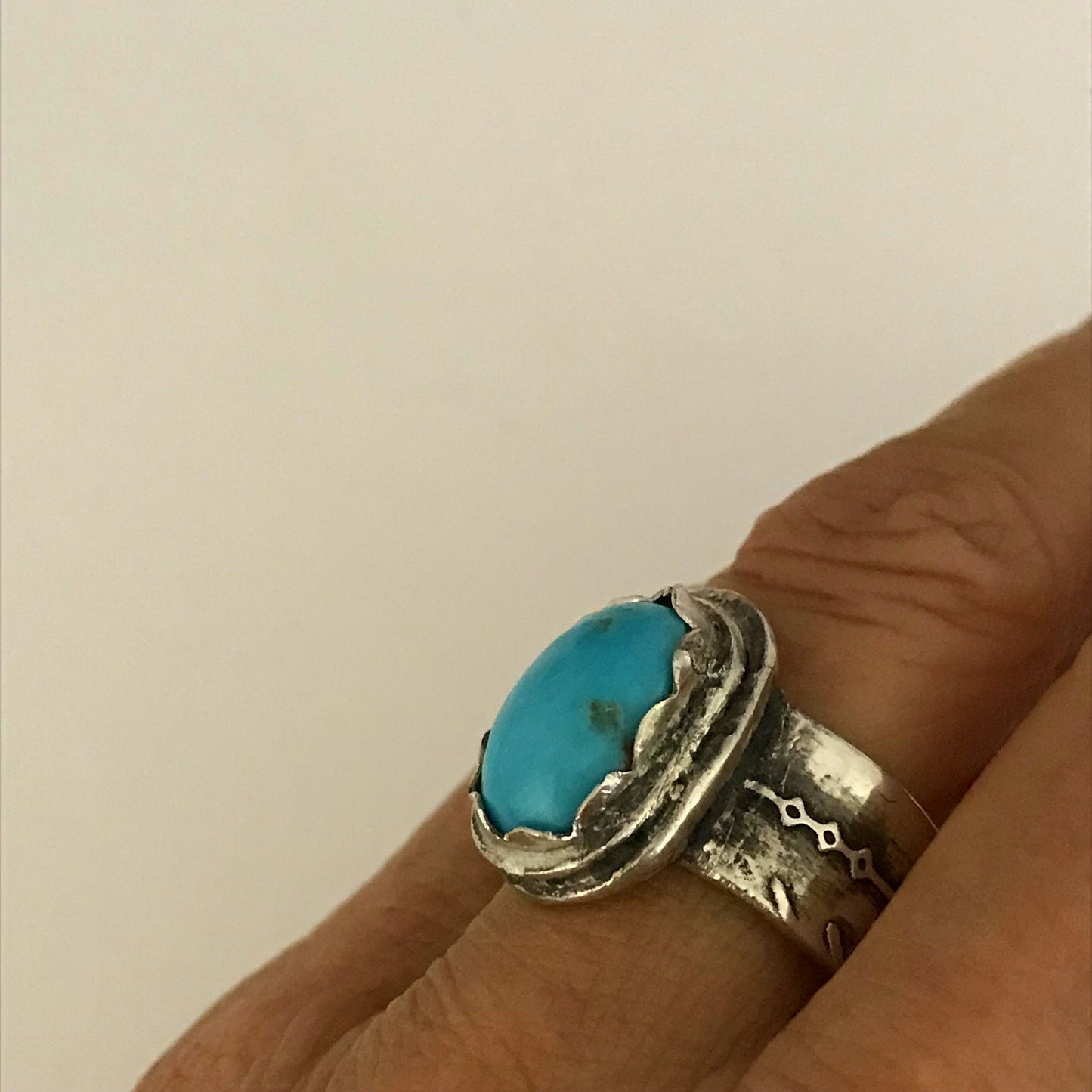 Sleeping Beauty Turquoise Sterling Silver US Size 7 Ring, This handcrafted sterling silver ring with south western style arrows texture featuring pretty sleeping beauty turquoise in a bezel setting. This Ring is made of pure .950 sterling silver and hallmarked as it.  - CosmicDeva