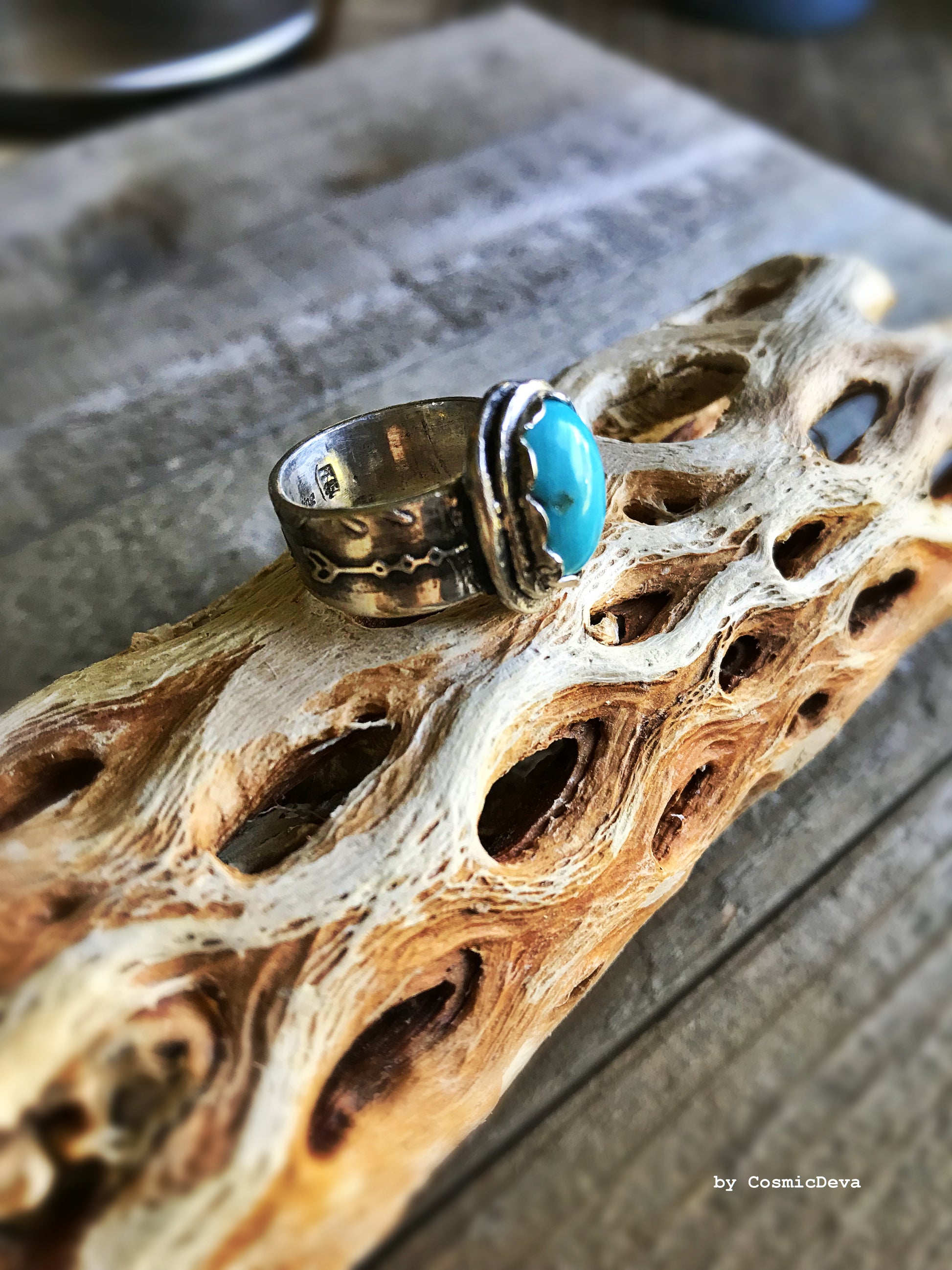 Sleeping Beauty Turquoise Sterling Silver US Size 7 Ring, This handcrafted sterling silver ring with south western style arrows texture featuring pretty sleeping beauty turquoise in a bezel setting. This Ring is made of pure .950 sterling silver and hallmarked as it.  - CosmicDeva