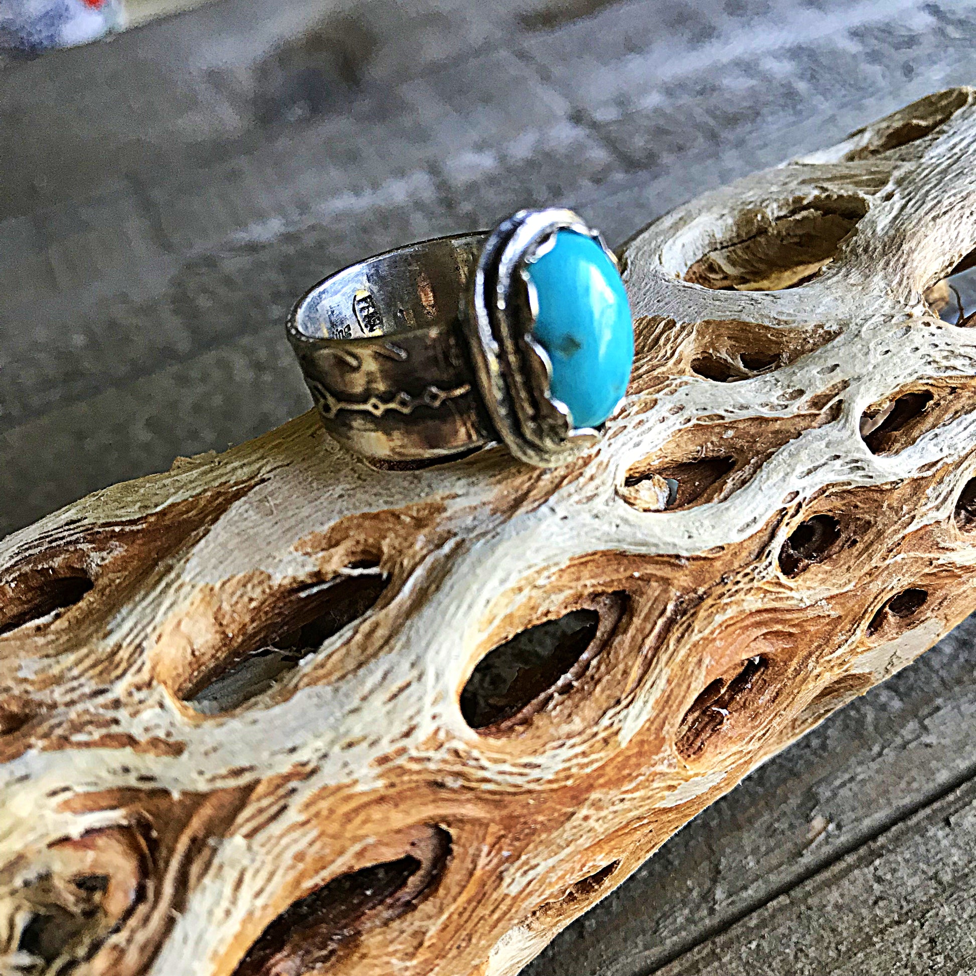 Sleeping Beauty Turquoise Sterling Silver US Size 7 Ring, This handcrafted sterling silver ring with south western style arrows texture featuring pretty sleeping beauty turquoise in a bezel setting. This Ring is made of pure .950 sterling silver and hallmarked as it.  - CosmicDeva
