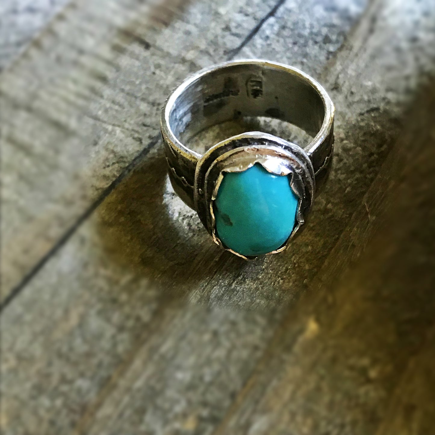 Sleeping Beauty Turquoise Sterling Silver US Size 7 Ring, This handcrafted sterling silver ring with south western style arrows texture featuring pretty sleeping beauty turquoise in a bezel setting. This Ring is made of pure .950 sterling silver and hallmarked as it.  - CosmicDeva