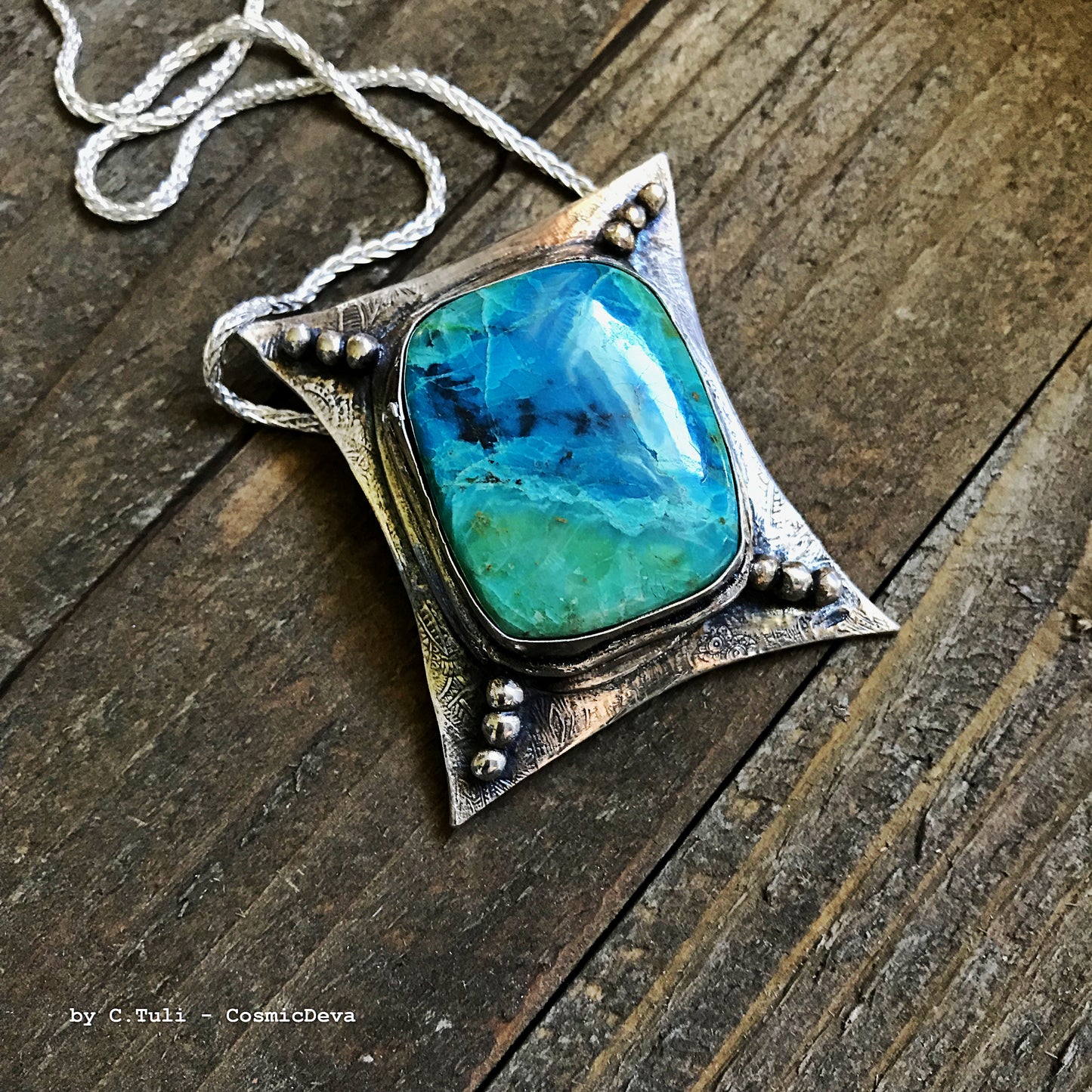 Sterling Silver Pendant Chrysocolla Necklace. One of a kind fully handmade sterling silver art jewelry necklace with a spectacular vibrant blue green Chrysocolla (a.k.a "Peruvian Turquoise") stone. The polished sterling silver pendant was oxidized to give it an antique look. - Handcrafted - CosmicDeva