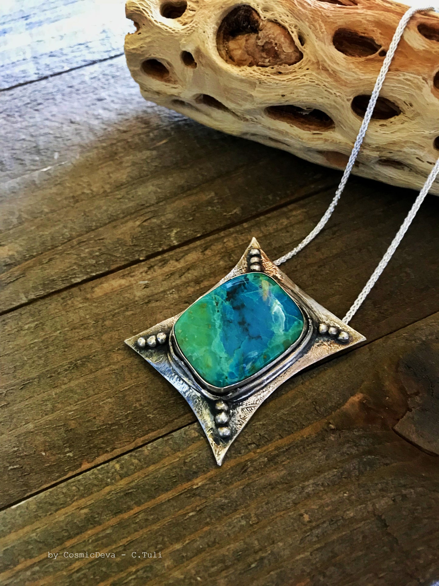 Sterling Silver Pendant Chrysocolla Necklace. One of a kind fully handmade sterling silver art jewelry necklace with a spectacular vibrant blue green Chrysocolla (a.k.a "Peruvian Turquoise") stone. The polished sterling silver pendant was oxidized to give it an antique look.- Handcrafted - CosmicDeva