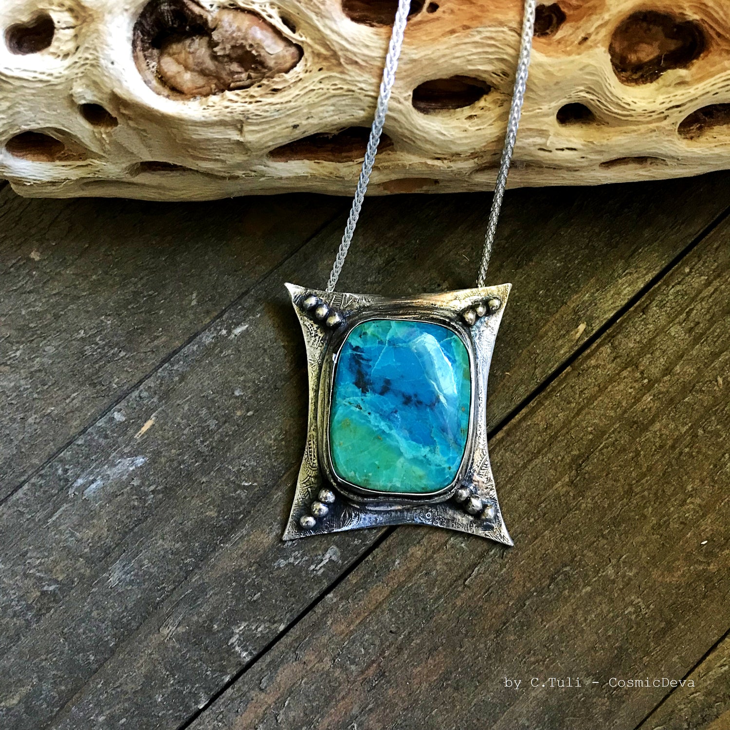 Sterling Silver Pendant Chrysocolla Necklace . One of a kind fully handmade sterling silver art jewelry necklace with a spectacular vibrant blue green Chrysocolla (a.k.a "Peruvian Turquoise") stone. The polished sterling silver pendant was oxidized to give it an antique look.- Handcrafted - CosmicDeva