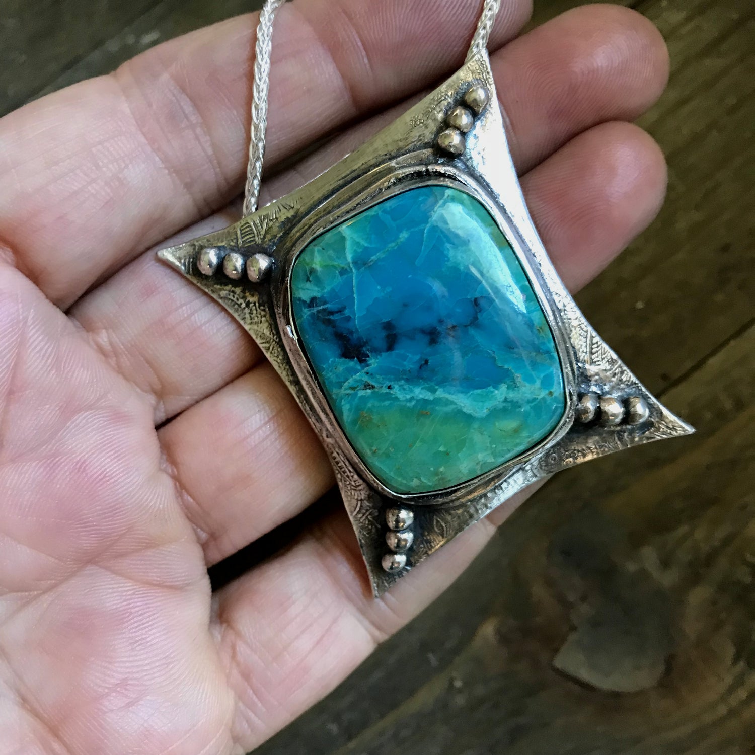 Sterling Silver Pendant Chrysocolla Necklace. One of a kind fully handmade sterling silver art jewelry necklace with a spectacular vibrant blue green Chrysocolla (a.k.a "Peruvian Turquoise") stone. The polished sterling silver pendant was oxidized to give it an antique look.- Handcrafted - CosmicDeva