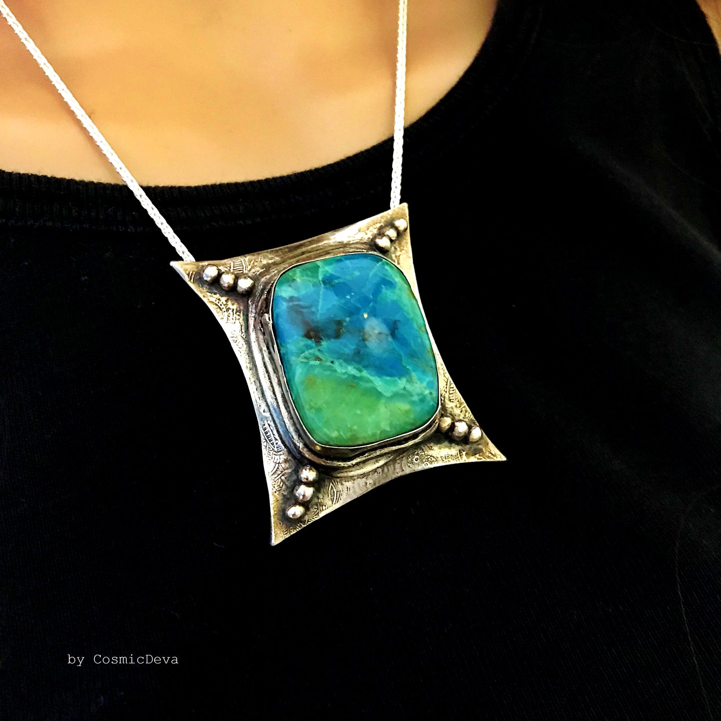 Sterling Silver Pendant Chrysocolla Necklace. One of a kind fully handmade sterling silver art jewelry necklace with a spectacular vibrant blue green Chrysocolla (a.k.a "Peruvian Turquoise") stone. The polished sterling silver pendant was oxidized to give it an antique look. - Handcrafted - CosmicDeva