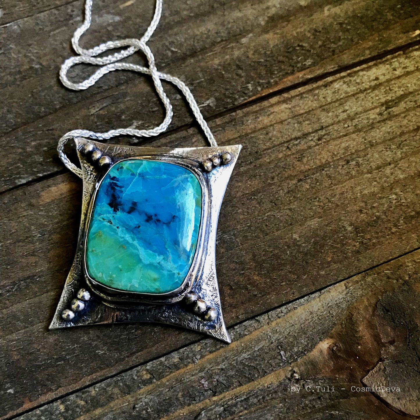 Sterling Silver Pendant Chrysocolla Necklace. One of a kind fully handmade sterling silver art jewelry necklace with a spectacular vibrant blue green Chrysocolla (a.k.a "Peruvian Turquoise") stone. The polished sterling silver pendant was oxidized to give it an antique look. - Handcrafted - CosmicDeva