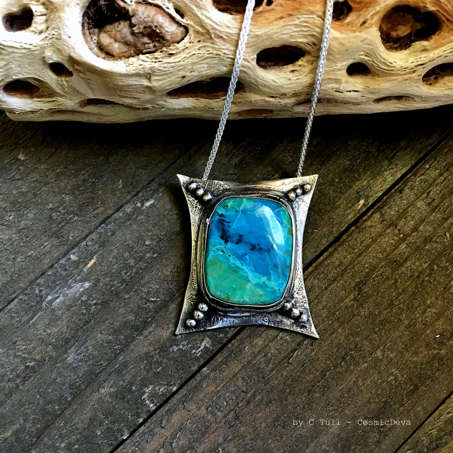 Sterling Silver Pendant Chrysocolla Necklace. One of a kind fully handmade sterling silver art jewelry necklace with a spectacular vibrant blue green Chrysocolla (a.k.a "Peruvian Turquoise") stone. The polished sterling silver pendant was oxidized to give it an antique look. - Handcrafted - CosmicDeva