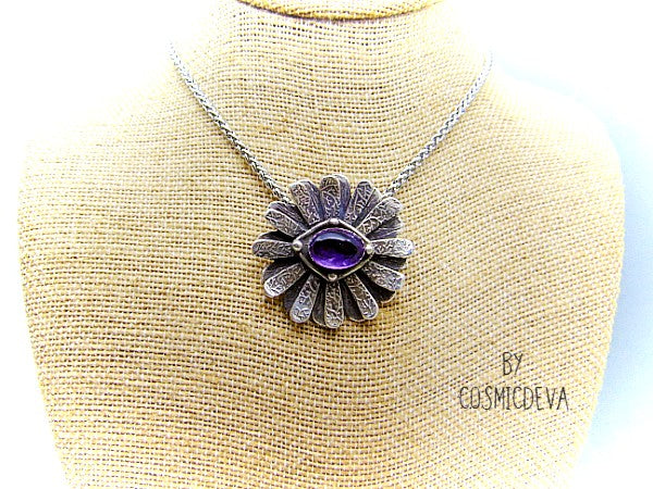 Amethyst Daisy Flower 999 Fine Silver Pendant, Gorgeous artful and unique hand sculptured solid fine 999 silver daisy flower pendant  with a semi-precious natural amethyst cabochon as a focal point. The handmade fine silver pendant was oxidized to give it an antique look. - CosmicDeva