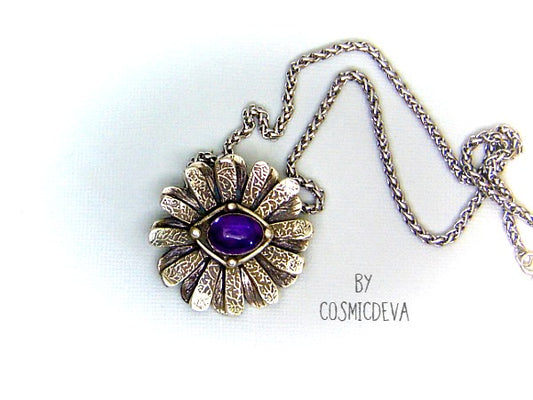 Amethyst Daisy Flower 999 Fine Silver Pendant. Gorgeous artful and unique hand sculptured solid fine 999 silver daisy flower pendant  with a semi-precious natural amethyst cabochon as a focal point. The handmade fine silver pendant was oxidized to give it an antique look. - CosmicDeva