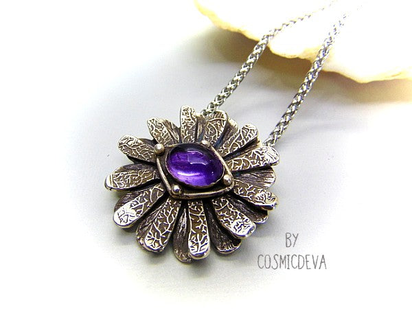 Amethyst Daisy Flower 999 Fine Silver Pendant. Gorgeous artful and unique hand sculptured solid fine 999 silver daisy flower pendant  with a semi-precious natural amethyst cabochon as a focal point. The handmade fine silver pendant was oxidized to give it an antique look. - CosmicDeva