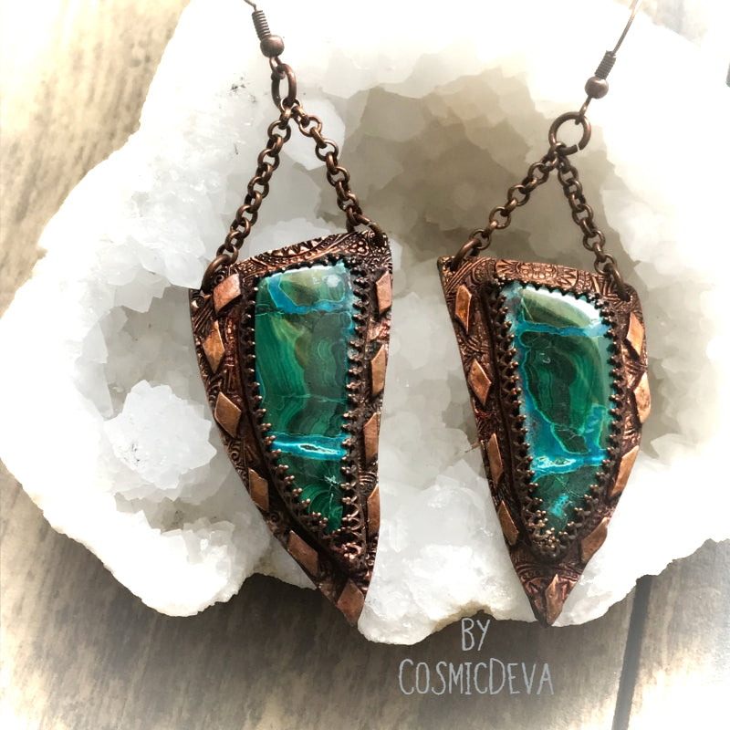 Malachite Chrysocolla One Of A Kind Copper Dangle Earrings,An exquisite and fabulous, matched handmade pair of natural stone Chrysocolla Malachite gemstones make for an unforgettable pair of dangle earrings. I have set these beautiful stones in textured and oxidized solid red copper reminiscent of ancient times. These fantastic earrings have a combination of gem silica chrysocolla and malachite. Amazing blue and green colors in a striking pattern. These are rare and hard to find stones. - CosmicDeva