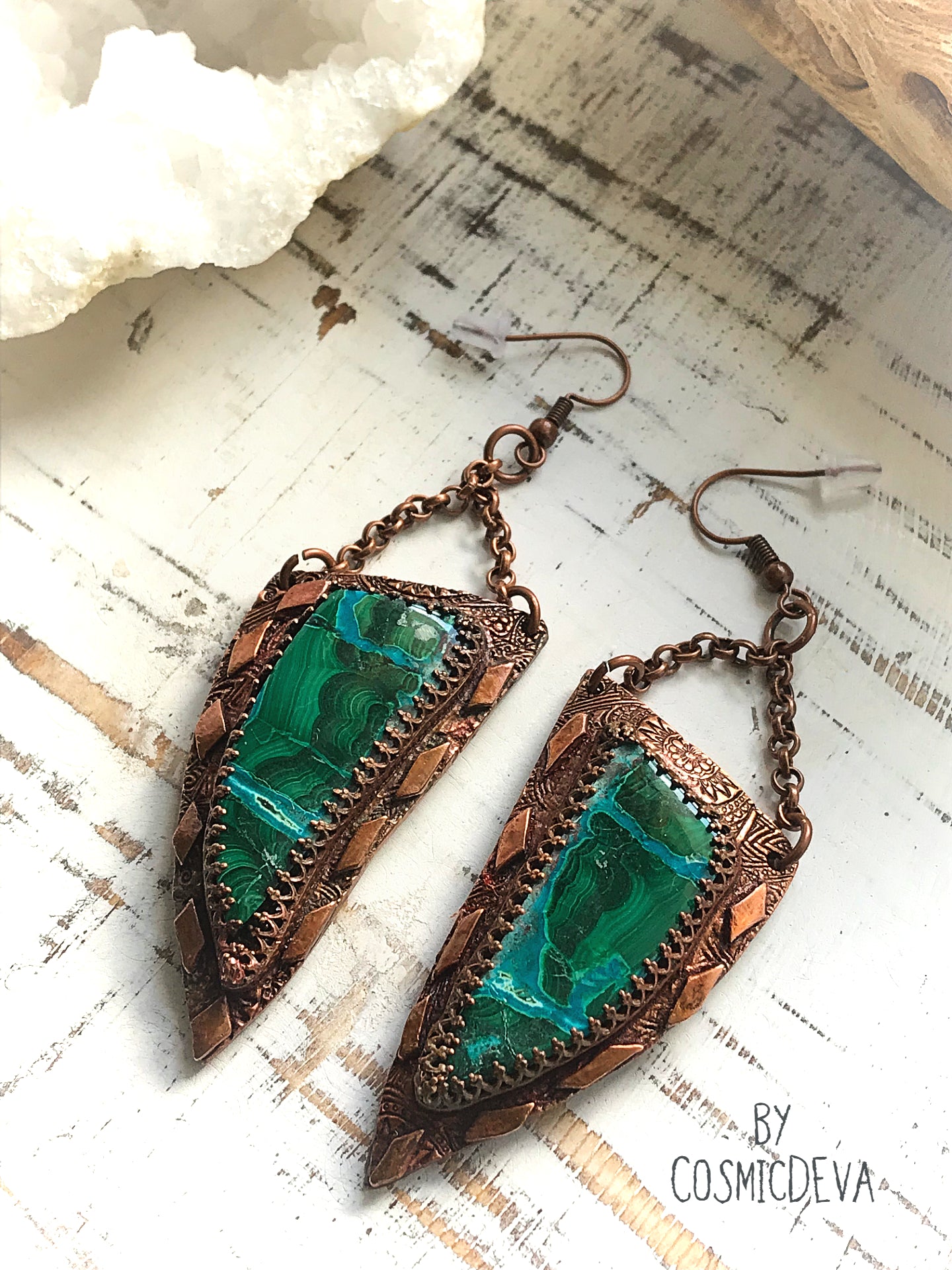 Malachite Chrysocolla One Of A Kind Copper Dangle Earrings,An exquisite and fabulous, matched handmade pair of natural stone Chrysocolla Malachite gemstones make for an unforgettable pair of dangle earrings. I have set these beautiful stones in textured and oxidized solid red copper reminiscent of ancient times. These fantastic earrings have a combination of gem silica chrysocolla and malachite. Amazing blue and green colors in a striking pattern. These are rare and hard to find stones. - CosmicDeva