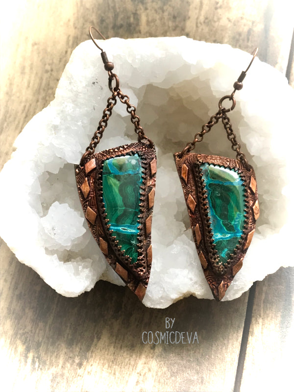 Malachite Chrysocolla One Of A Kind Copper Dangle Earrings,An exquisite and fabulous, matched handmade pair of natural stone Chrysocolla Malachite gemstones make for an unforgettable pair of dangle earrings. I have set these beautiful stones in textured and oxidized solid red copper reminiscent of ancient times. These fantastic earrings have a combination of gem silica chrysocolla and malachite. Amazing blue and green colors in a striking pattern. These are rare and hard to find stones. - CosmicDeva