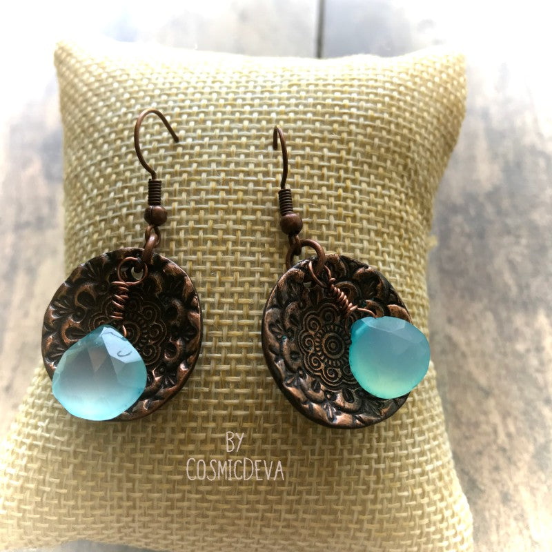 Aqua Blue Chalcedony Briolette Floral Copper Mandala Dangle Earrings. These beautiful gypsy earrings with top quality faceted bright aqua sea blue chalcedony briolette gemstones are artfully suspended from a handmade solid red copper round floral mandala lentil. The copper floral mandala dangle earrings are oxidized to give it a vintage character.  - CosmicDeva