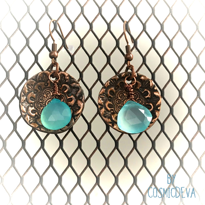 Aqua Blue Chalcedony Briolette Floral Copper Mandala Dangle Earrings. These beautiful gypsy earrings with top quality faceted bright aqua sea blue chalcedony briolette gemstones are artfully suspended from a handmade solid red copper round floral mandala lentil. The copper floral mandala dangle earrings are oxidized to give it a vintage character.  - CosmicDeva