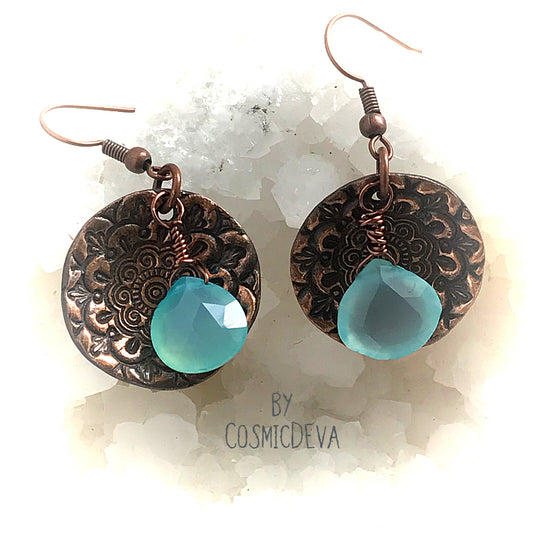 Aqua Blue Chalcedony Briolette Floral Copper Mandala Dangle Earrings. These beautiful gypsy earrings with top quality faceted bright aqua sea blue chalcedony briolette gemstones are artfully suspended from a handmade solid red copper round floral mandala lentil. The copper floral mandala dangle earrings are oxidized to give it a vintage character.  - CosmicDeva