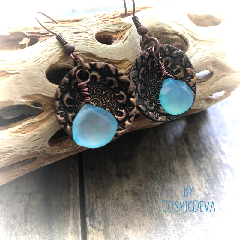 Aqua Blue Chalcedony Briolette Floral Copper Mandala Dangle Earrings . These beautiful gypsy earrings with top quality faceted bright aqua sea blue chalcedony briolette gemstones are artfully suspended from a handmade solid red copper round floral mandala lentil. The copper floral mandala dangle earrings are oxidized to give it a vintage character. - CosmicDeva