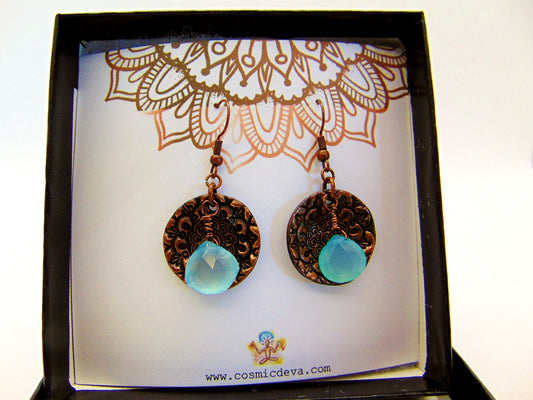 Aqua Blue Chalcedony Briolette Floral Copper Mandala Dangle Earrings. These beautiful gypsy earrings with top quality faceted bright aqua sea blue chalcedony briolette gemstones are artfully suspended from a handmade solid red copper round floral mandala lentil. The copper floral mandala dangle earrings are oxidized to give it a vintage character.  - CosmicDeva