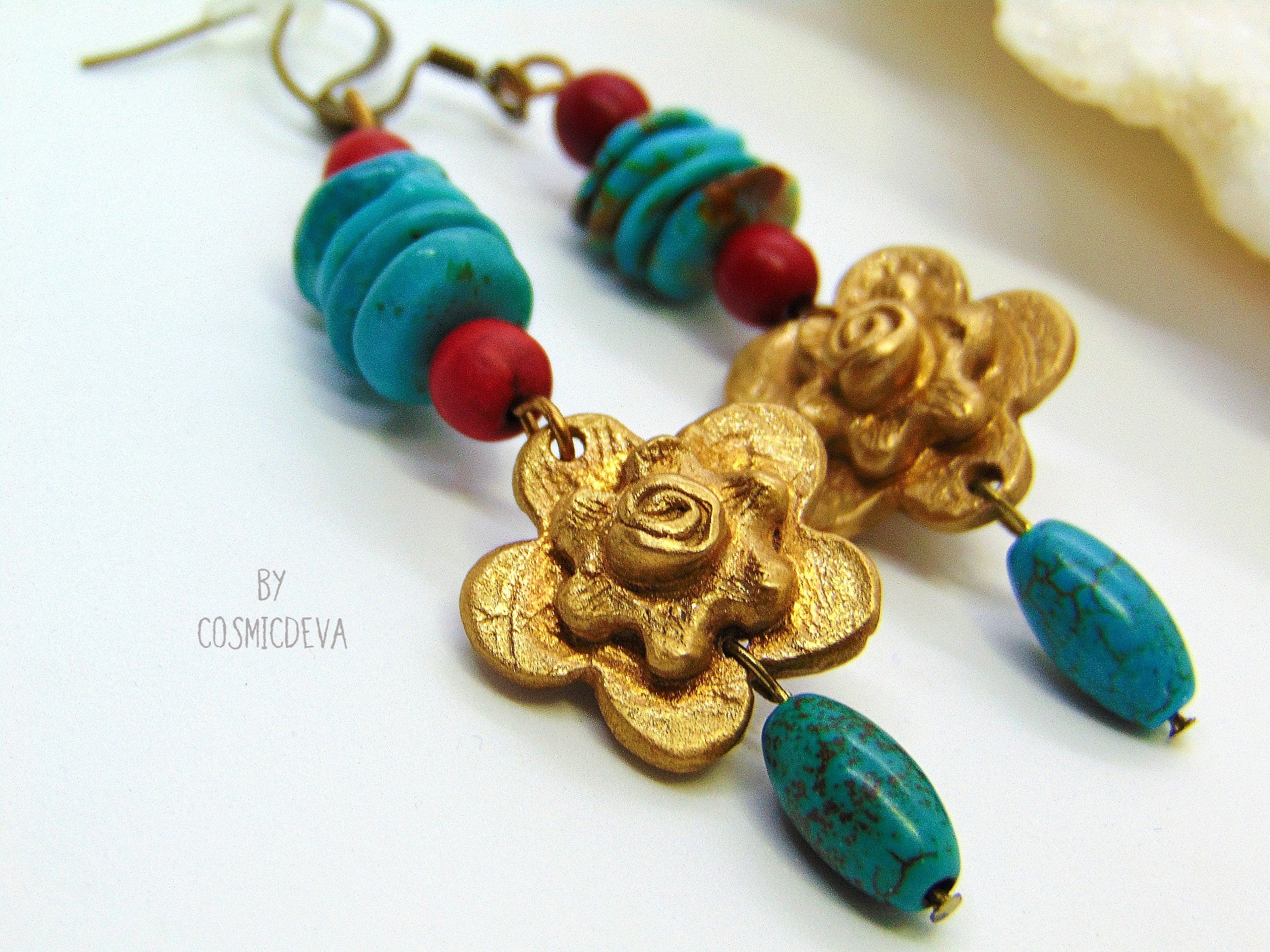 Gold Bronze Milagro Heart  Sacred Heart Necklace Set. Stunning bold one of a kind hand sculptured solid golden bronze milagro heart and flower necklace set with natural turquoise, red howlite gemstone beads was kiln fired in my studio with pure Bronze from Bronze Metal Clay.   This necklace comes with a matching pair of ear rings - CosmicDeva