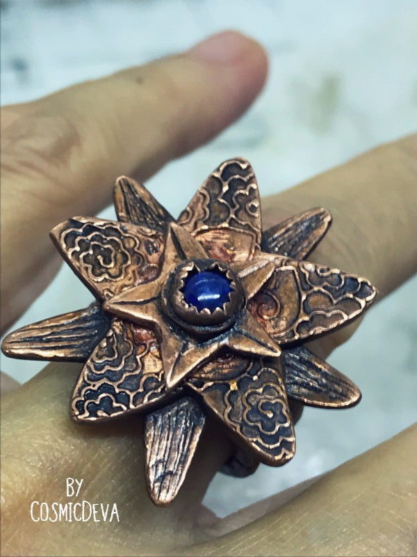 Lapis Lazuli Flower Ring,  Boho Ring, Copper Size 7 Ring.Cute flower solid handcrafted copper ring with a natural dark blue Lapis Lazuli gemstone in the center. The copper ring was oxidized to bring out the beautiful texture and give it an antique look. This ring is sealed with varnish. - CosmicDeva