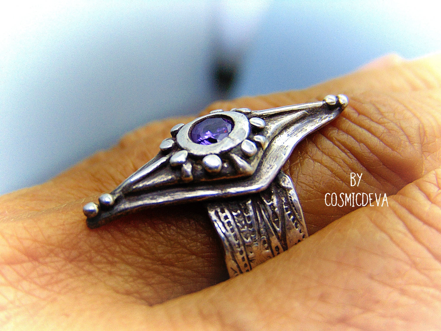 Medieval Wide Band Sterling Silver Shield Ring with Amethyst, Size 8 Ring. Unique and stunning handcrafted diamond shape shield sterling silver ring with a 5 mm round amethyst sto. ne. This Ring is made of .950 sterling silver and hallmarked as it. The ring was oxidized to give it a vintage antique design. - CosmicDeva