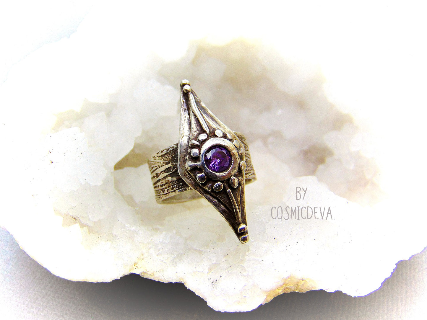 Medieval Wide Band Sterling Silver Shield Ring with Amethyst, Size 8 Ring. Unique and stunning handcrafted diamond shape shield sterling silver ring with a 5 mm round amethyst sto. ne. This Ring is made of .950 sterling silver and hallmarked as it. The ring was oxidized to give it a vintage antique design. - CosmicDeva