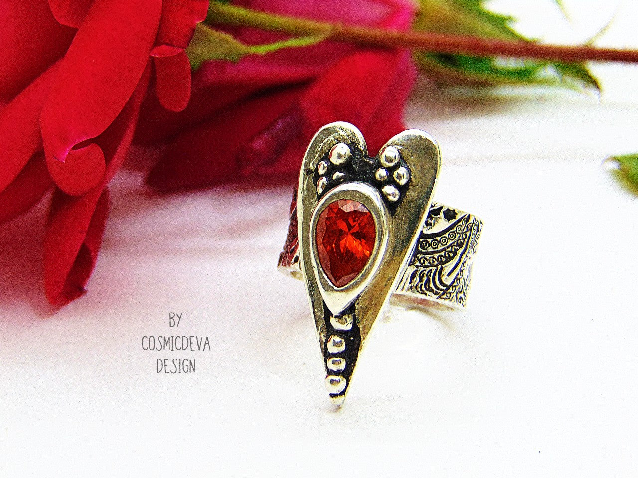 Sterling Silver Heart Ring Red Fire Opal Wide Band US 7. 1/4 Ring - CosmicDeva