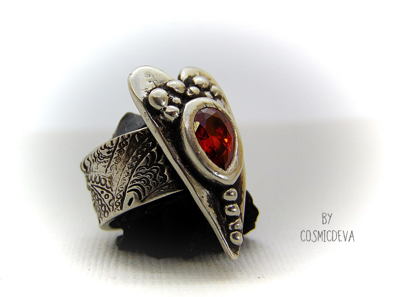 Sterling Silver Heart Ring Red Fire Opal Wide Band US 7. 1/4 Ring, The heart is a symbol of love between two souls. This handcrafted wide ring shank sterling silver ring with floral texture featuring a large heart and 6 x 9 mm pear shaped red fire opal Cubic Zirconia gemstone . This Ring is made of pure .950 sterling silver and hallmarked as it.  - CosmicDeva