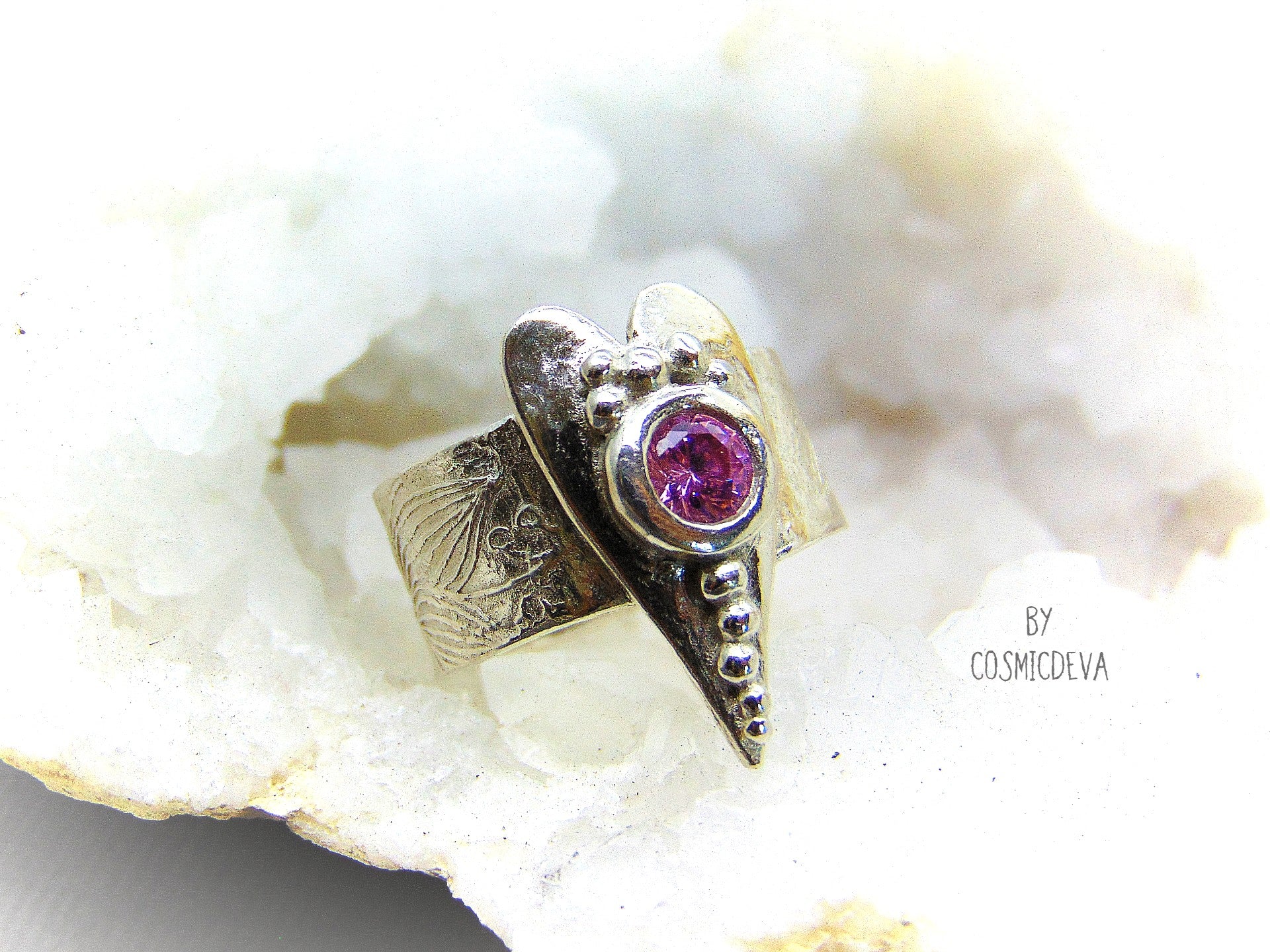 Sterling Silver Heart Ring with Pink CZ Gemstone, Heart Ring, Love Ring, SIZE 8 Engagement Ring, The heart is a symbol of love between two souls. This handcrafted wide ring shank sterling silver ring with floral texture featuring a small heart and a round 5 mm pink CZ gemstone. This Ring is made of pure .950 sterling silver and hallmarked as it - CosmicDeva