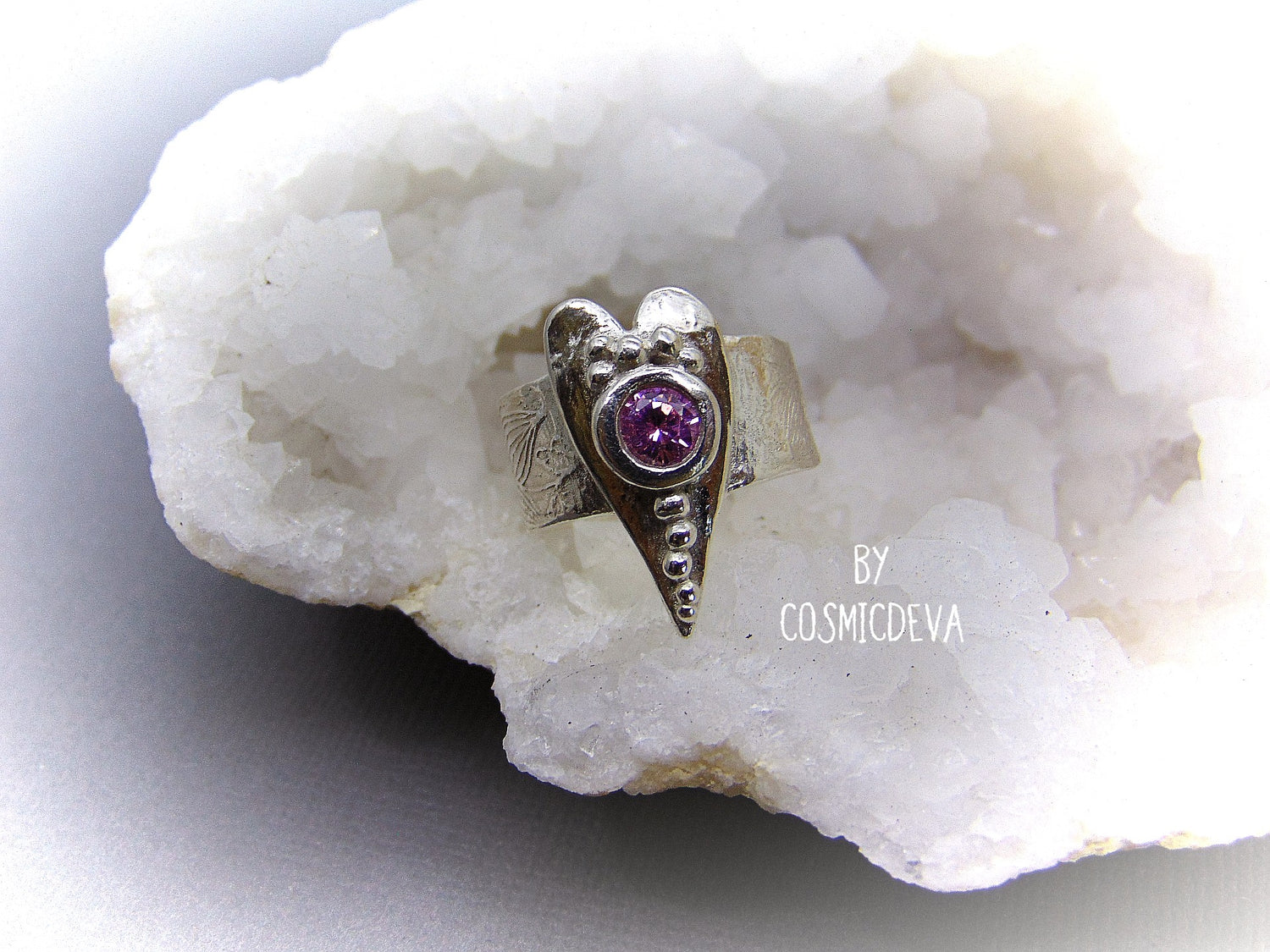 Sterling Silver Heart Ring with Pink CZ Gemstone, Heart Ring, Love Ring, SIZE 8 Engagement Ring , The heart is a symbol of love between two souls. This handcrafted wide ring shank sterling silver ring with floral texture featuring a small heart and a round 5 mm pink CZ gemstone. This Ring is made of pure .950 sterling silver and hallmarked as it- CosmicDeva