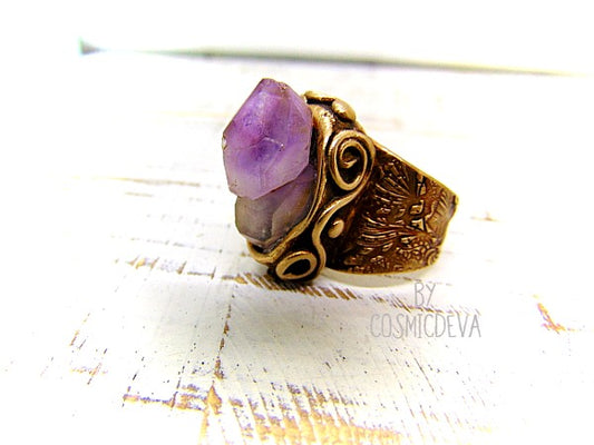 Raw Amethyst Ring , Purple Crystal Statement Gold Bronze Wide Band Ring SIZE US 8 Ring. Amazing raw skeletal purple amethyst statement ring. The wide band ring itself is hand formed out of solid gold bronze. Amethyst is the birthstone of February. - CosmicDeva