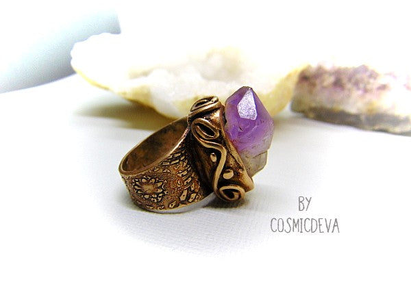 Raw Amethyst Ring , Purple Crystal Statement Gold Bronze Wide Band Ring SIZE US 8 Ring . Amazing raw skeletal purple amethyst statement ring. The wide band ring itself is hand formed out of solid gold bronze. Amethyst is the birthstone of February.- CosmicDeva