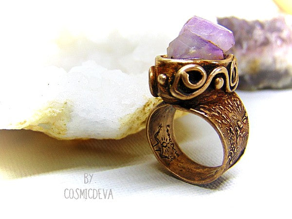 Raw Amethyst Ring , Purple Crystal Statement Gold Bronze Wide Band Ring SIZE US 8 Ring,Amazing raw skeletal purple amethyst statement ring. The wide band ring itself is hand formed out of solid gold bronze. Amethyst is the birthstone of February. - CosmicDeva