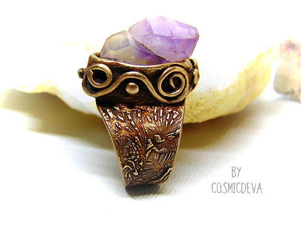 Raw Amethyst Ring , Purple Crystal Statement Gold Bronze Wide Band Ring SIZE US 8 Ring, Amazing raw skeletal purple amethyst statement ring. The wide band ring itself is hand formed out of solid gold bronze. Amethyst is the birthstone of February. - CosmicDeva