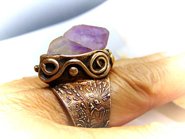 Raw Amethyst Ring , Purple Crystal Statement Gold Bronze Wide Band Ring SIZE US 8 Ring, Amazing raw skeletal purple amethyst statement ring. The wide band ring itself is hand formed out of solid gold bronze. Amethyst is the birthstone of February. - CosmicDeva
