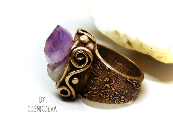 Raw Amethyst Ring , Purple Crystal Statement Gold Bronze Wide Band Ring SIZE US 8 Ring, Amazing raw skeletal purple amethyst statement ring. The wide band ring itself is hand formed out of solid gold bronze. Amethyst is the birthstone of February. - CosmicDeva