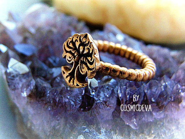 Tree Of Life Dainty Gold Bronze Ring, Tree of life Ring, Tree ring, Skinny Band Stack US 7 Ring - CosmicDeva