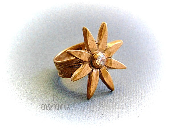 Flower Cocktail Ring, Star Flower Statement Ring, Gold Bronze Ring , SIZE 7 Ring. Hand sculptured star flower cocktail statement ring with solid gold bronze and a white diamond cubic zirconia gemstone setting in the center.   - CosmicDeva