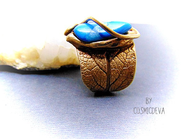 Sage Leaf Ring, Blue Crazy Lace Agate, Gold Bronze Ring, SIZE US 12 Ring, Hand made wide band ring with gold bronze and a sage leaf imprint featuring a beautiful turquoise blue agate gemstone setting as a focal point.  - CosmicDeva