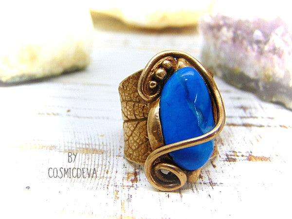 Sage Leaf Ring, Blue Crazy Lace Agate, Gold Bronze Ring, SIZE US 12 Ring, Hand made wide band ring with gold bronze and a sage leaf imprint featuring a beautiful turquoise blue agate gemstone setting as a focal point.  - CosmicDeva