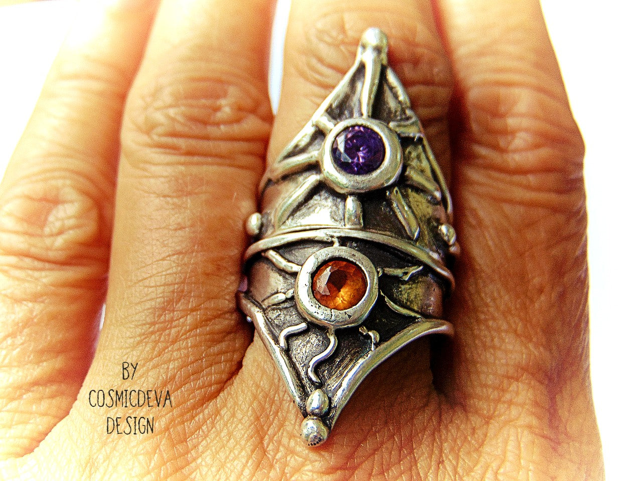 Beautiful hand sculptured medieval triangle shaped shield sterling silver ring with a 5 mm round citrine stone. This Ring is made of solid pure .950 sterling silver and hallmarked as it. The ring was oxidized to give it a vintage antique design.