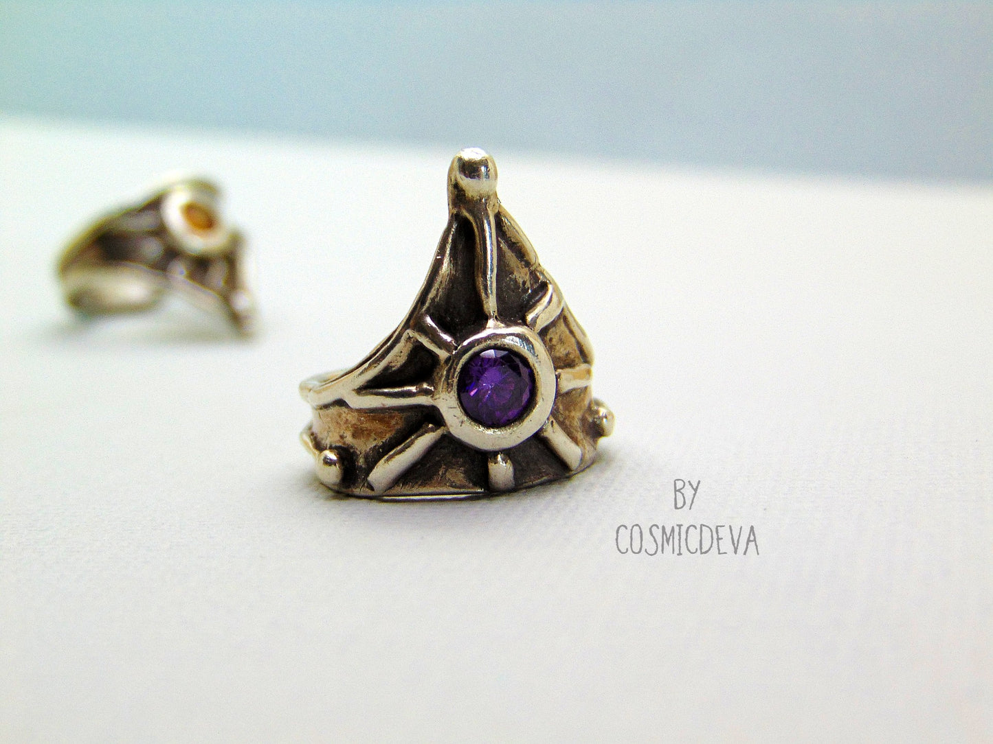 Medieval Shield Triangle Fine Silver Amethyst US size 7 Ring. Unique handcrafted medieval triangle shaped shield silver ring with a 5 mm round amethyst stone. This Ring is made of solid .999 fine silver and hallmarked as it. The ring was oxidized to give it a vintage antique design. - CosmicDeva