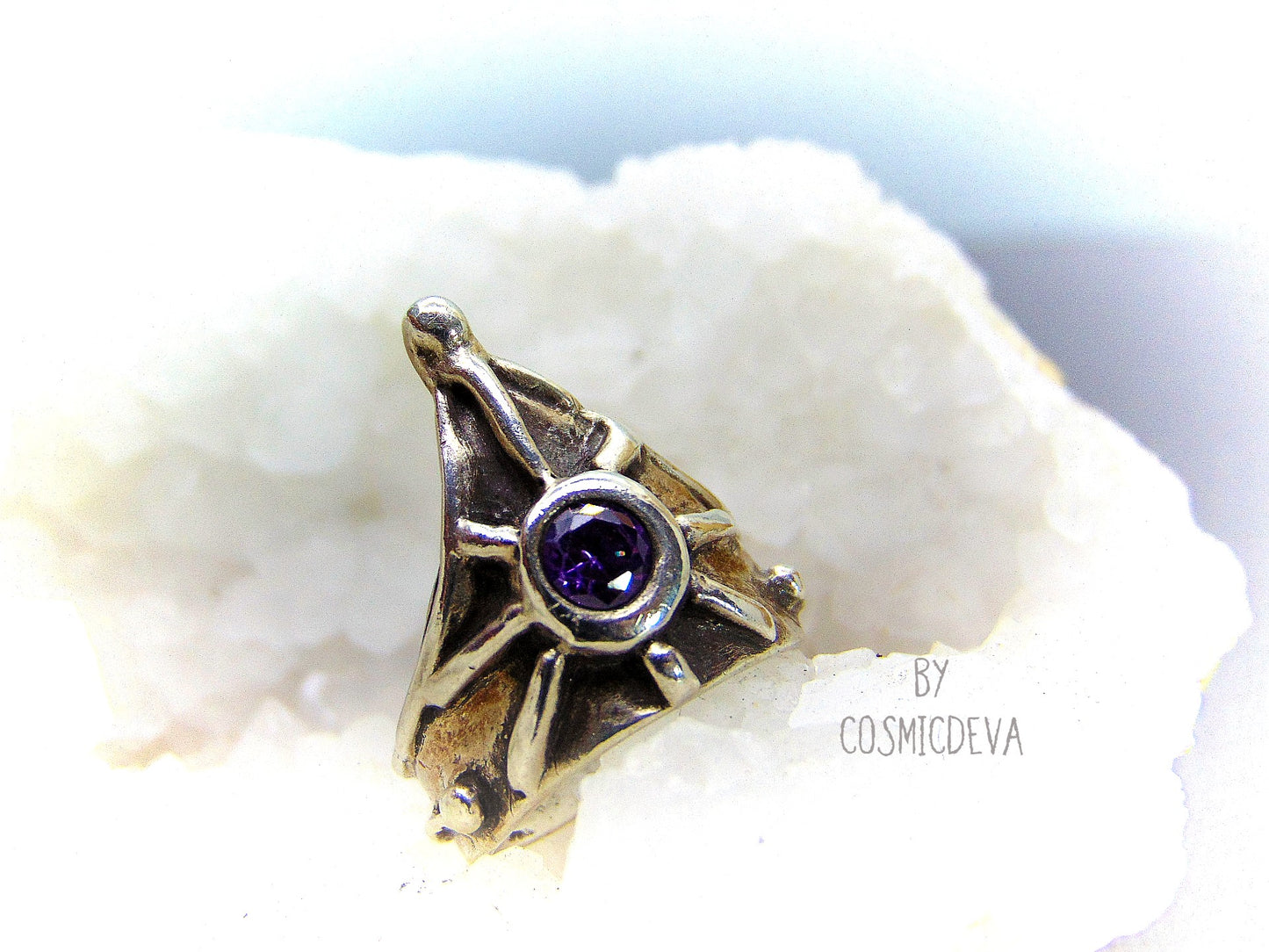 Medieval Shield Triangle Fine Silver Amethyst US size 7 Ring. Unique handcrafted medieval triangle shaped shield silver ring with a 5 mm round amethyst stone. This Ring is made of solid .999 fine silver and hallmarked as it. The ring was oxidized to give it a vintage antique design. - CosmicDeva