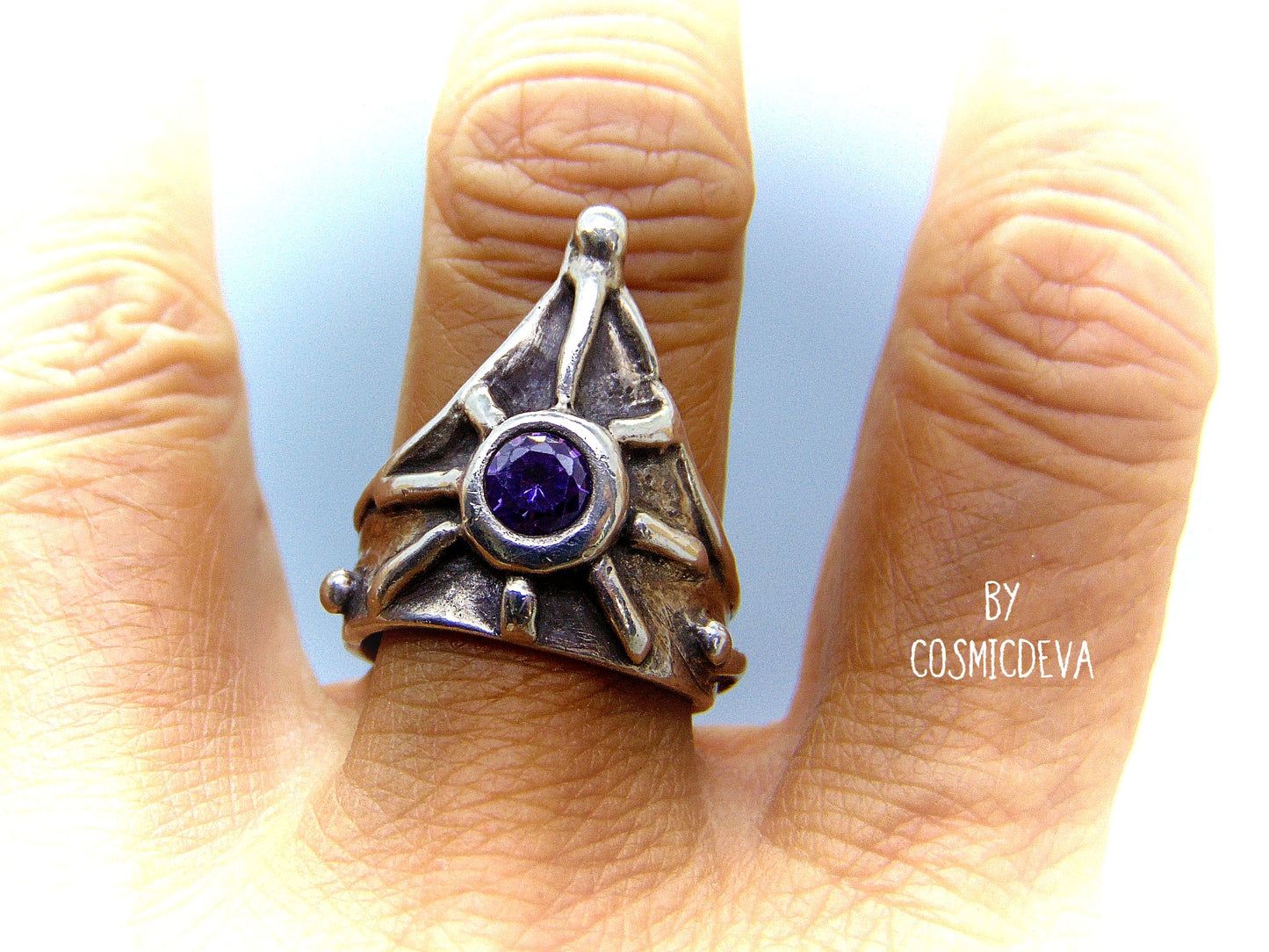 Medieval Shield Triangle Fine Silver Amethyst US size 7 Ring. Unique handcrafted medieval triangle shaped shield silver ring with a 5 mm round amethyst stone. This Ring is made of solid .999 fine silver and hallmarked as it. The ring was oxidized to give it a vintage antique design. - CosmicDeva